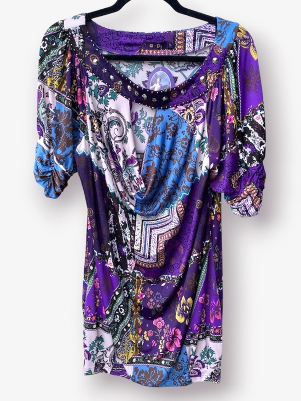 Embellished Multi Purple Print Drape Neck Tunic Top Size M